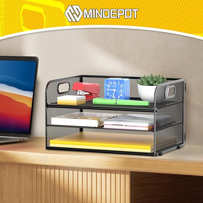 3 Tier Paper Organizer Tray with Handle, Mesh Letter Tray for Office, Home, School (1 Pack), Black-DeskLoop Office