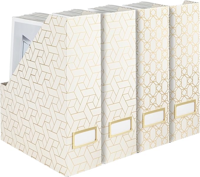 BLU MONACO Decorative Foldable Magazine Storage Boxes for Desk - Set of 4 Gold Magazine Holders with Cream Woven Design – Vintage Magazine File Organizer – Book Bins & Office Décor Storage Solution-DeskLoop Office