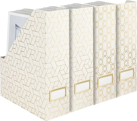 BLU MONACO Decorative Foldable Magazine Storage Boxes for Desk - Set of 4 Gold Magazine Holders with Cream Woven Design – Vintage Magazine File Organizer – Book Bins & Office Décor Storage Solution-DeskLoop Office