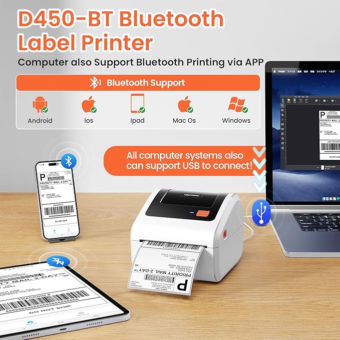 Bluetooth Thermal Shipping Label Printer - D450BT Thermal Label Printer 4x6 for Small Business & Shipping Packages, Compatible with iPhone, Android, iPad, Windows, macOS, Chrome, USPS, Amazon-DeskLoop Office