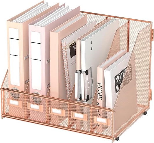 SUPEASY Desk Organizers Metal Desk Magazine File Holder with 5 Vertical Compartments Rack File Organizer for Office Desktop, Home Workspace, Rose Gold, Plus-DeskLoop Office