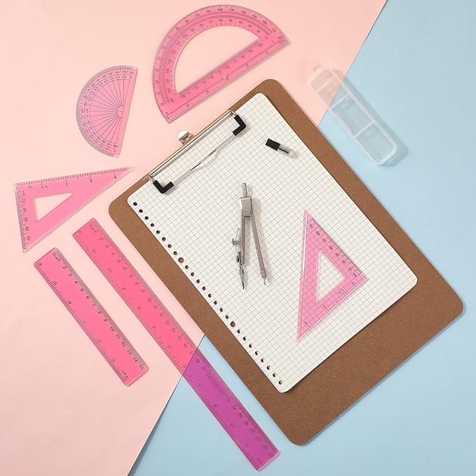 Zonon 1 Set Plastic Geometry Math Set Includes Drawing Compass, 6 Inch 4 Inch Protractor, 45/60 Degree Triangle Rulers 12 Inch 6 Inch Math Ruler Transparent for Office Supplies (Pink)-DeskLoop Office
