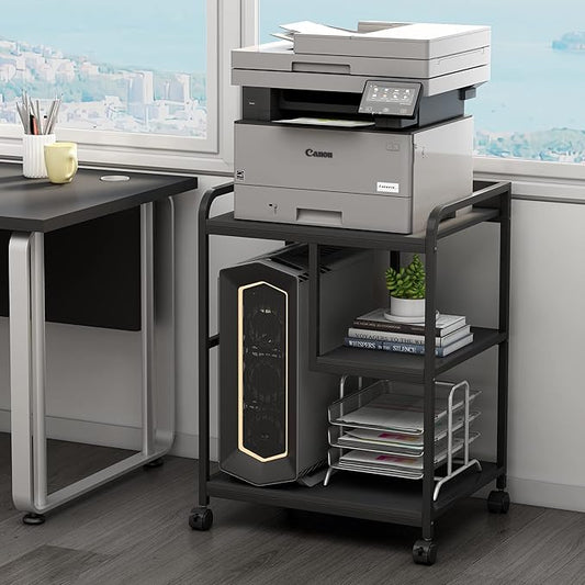 Printer Stand with Storage Shelf for Home Office Organization, 22 x 18 Inch Large Printer Table with Wheels, Shredder Stand, CPU Stand, Rolling Cart for Host Computer, PC Tower, Desktop- Black-DeskLoop Office