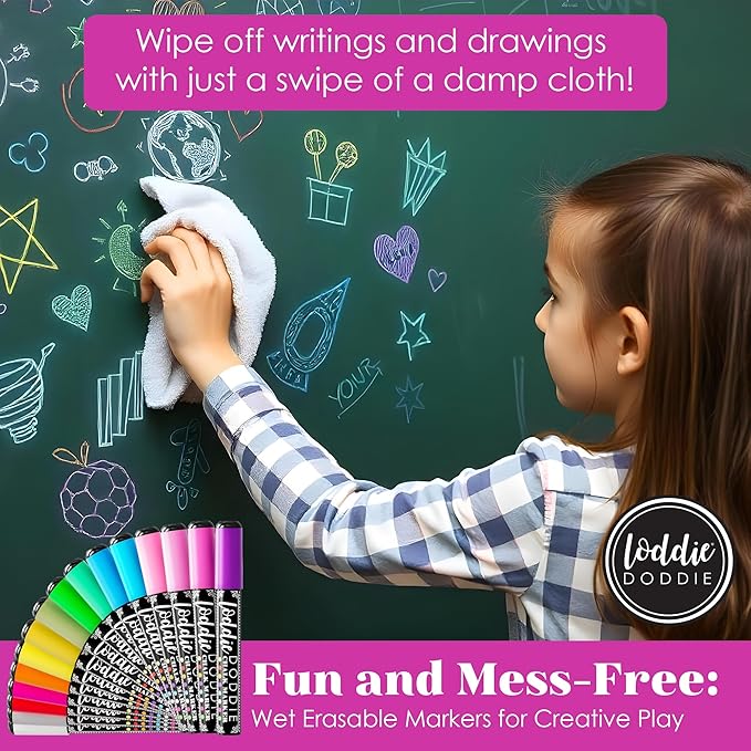 Loddie Doddie Chalk Markers - Pack of 16, 6mm Reversible Bullet & Chisel Tips - Non-Toxic Dust-Free Erasable Liquid Chalk Ink - Dry Erase Markers for Glass, Windows & Whiteboards-DeskLoop Office