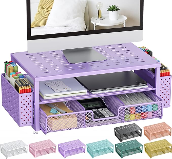 gianotter Desk Organizers and Accessories, Monitor Stand with Drawer and 2 Pen Holder, Purple Desk Accessories, Computer Stand Suitable for Offices and Dormitories (Purple)-DeskLoop Office