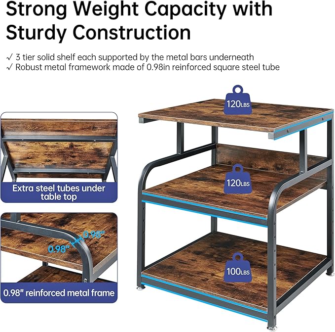 23.6" Deep Extra Large Printer Stand, 3 Tier Printer Table with Adjustable Storage Shelf, Rolling Printer Cart with Industrial Wheels for Home Office, Rustic Brown-DeskLoop Office