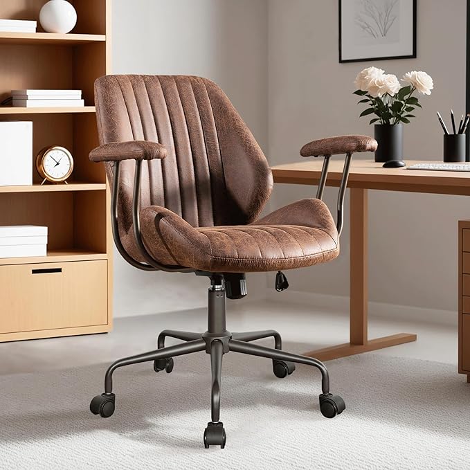 ovios Ergonomic Home Office Chair, Mid-Century Modern Faux Leather Chairs with Padded Armrests, Comfy Mid Back Swivel Rolling Executive Computer Armchair (Dark Brown, Suede Leather)-DeskLoop Office
