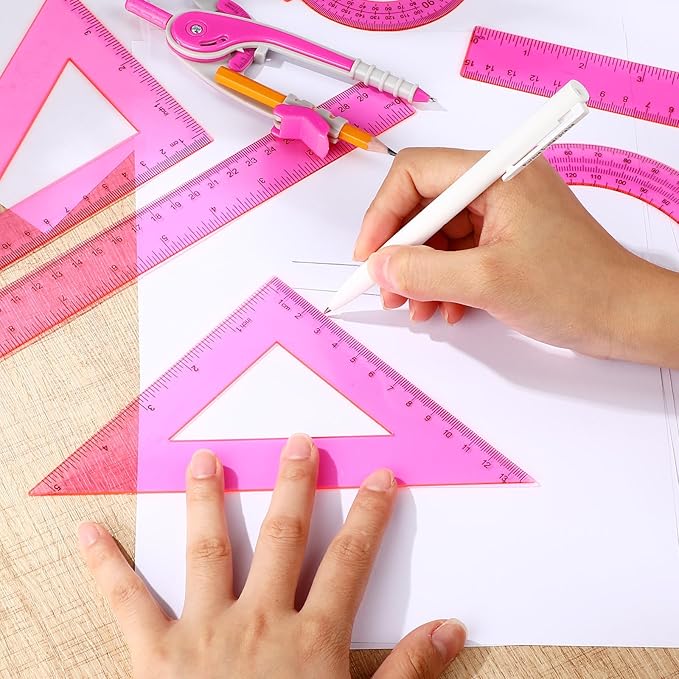 Zonon 1 Set Plastic Geometry Math Set 7 Pcs Includes 6'' / 4 '' Protractor, Drawing Compass, 45/60 Degree Triangle Rulers, 12'' / 6'' Math Ruler Transparent for Office Supplies(Pink)-DeskLoop Office