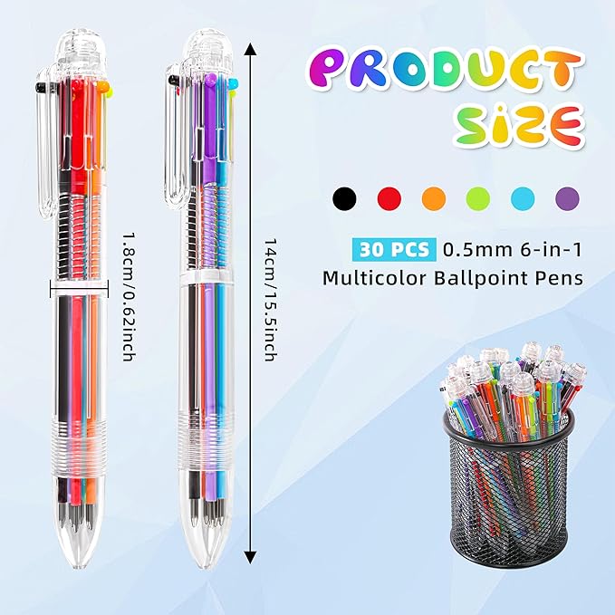 30 PCS 6-in-1 Multicolor Ballpoint Pens 0.5mm Party Favors 6 Colors Retractable Multicolor Pen for Office School Supplies Kids Students Children Birthday Party Favors Gifts Fun Pens (30)-DeskLoop Office