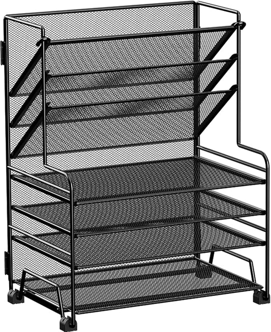 4-Tier Paper Organizer + 3-Pocket File Holder + Drawer + Pen Holders, Desktop File Organizers Paper Tray for Office Supplies School Classroom Organization (Black, No Drawer & Pen Holder)-DeskLoop Office