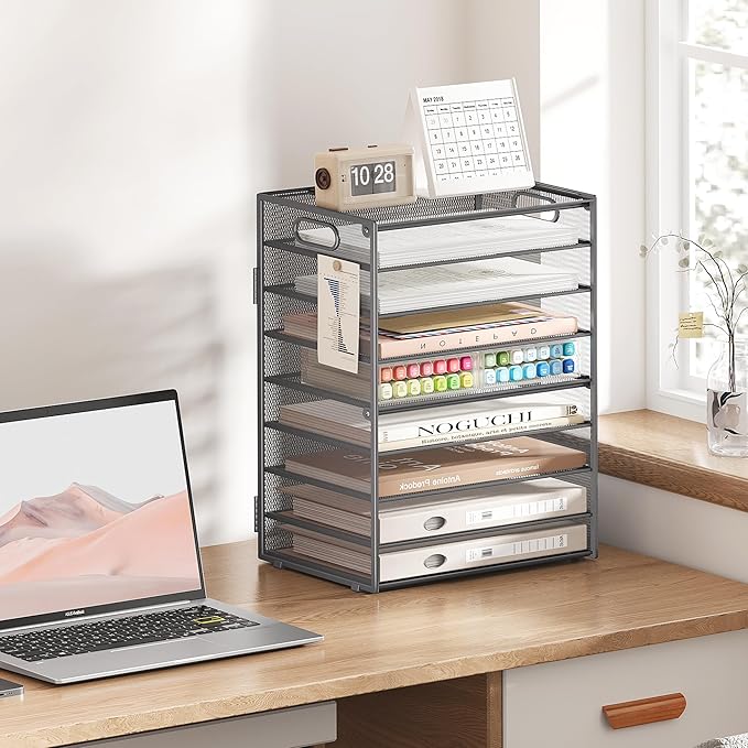 SUBEKYU 9 Tier Paper Organizer for Desk - Gray Metal Mesh Letter Tray File Paper Sorter Organizer Include 6 Pcs Adjustable Height Slid Tray with Handles for Office School Home Organization Storage-DeskLoop Office