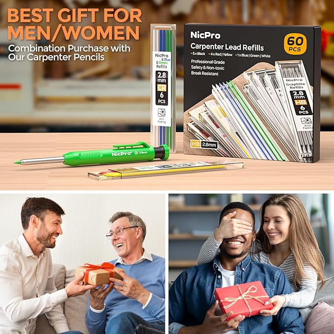 Nicpro 60 PCS Carpenter Pencil Lead Refills 2.8mm, Lead for Carpenter Mechanical Pencil, Break Resistant 2.8 mm Lead for Construction Pencil, Woodworking Pencil (Black, Red, Yellow, Green, Blue,White)-DeskLoop Office