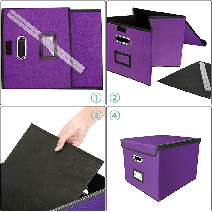Huolewa File Organizer Box with Lid, Collapsible File Folder Organizer for Office Document Storage, Filing Box with Plastic Slide for Letter/Legal Size Hanging Files, Purple-DeskLoop Office