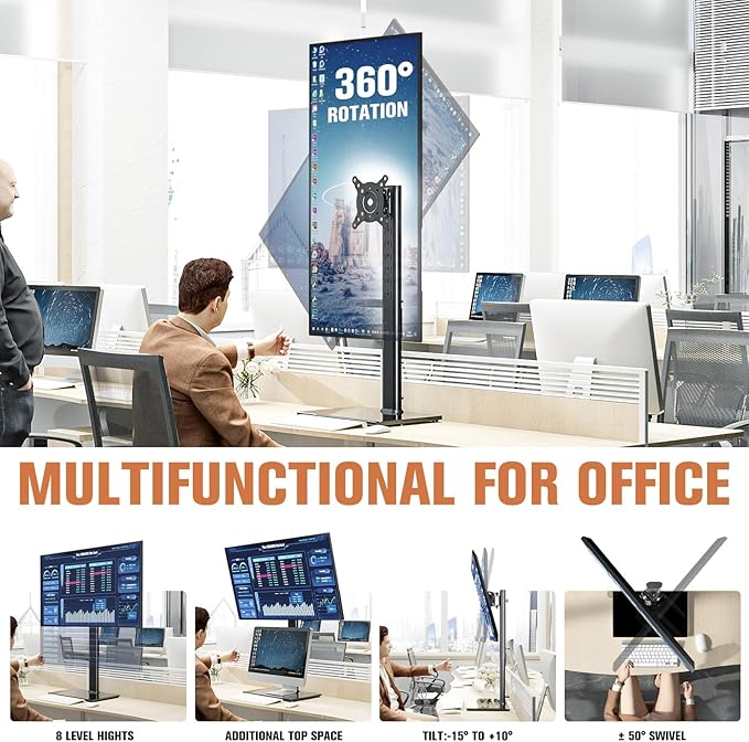 Single Monitor Stand Freestanding 27-43 Inch Monitor Arm Curved Screen Monitor Mount Tempered Glass Base Adjustable Motion Tilt -15° to 10° Swivel ±45° Rotation 360° Weight Capacity 77lbs HT05B-003-DeskLoop Office