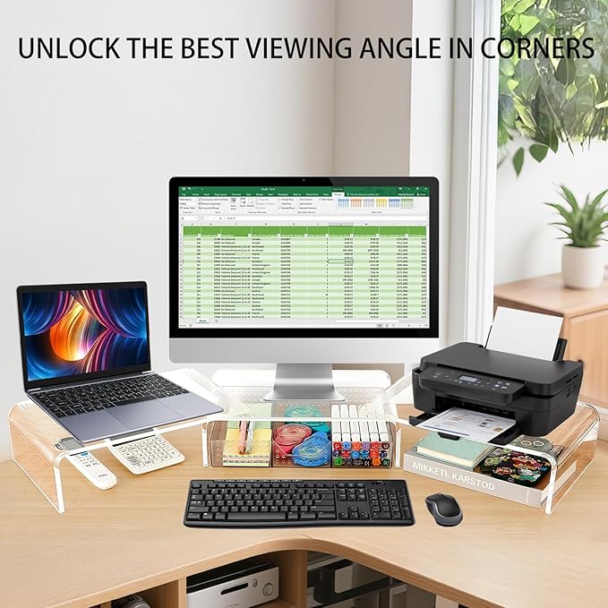 Clear Acrylic Desk Organizers and Accessories, Dual Computer Monitor Stand Riser with Drawer, Desk Shelf for Monitor, Workspace Desktop Organization for Office Supplies-DeskLoop Office