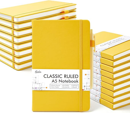 feela 18 Pack Journal Notebook for Work, Business Notebook Bulk Hardcover Lined Writing Journal with Pen Holder for Men Women Note Taking, with 18 Black Pens, 120 GSM, 5.1”x8.3”, A5, Yellow-DeskLoop Office