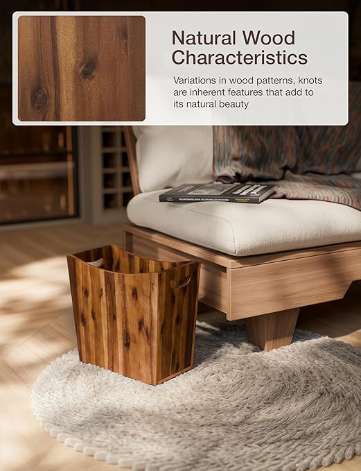 3 Gallons Rectangular Wastebaskets - Acacia Wood Waste Basket with Handles - Small Trash Can for Bathroom - Brown Garbage Bin for Spa Bathroom Decorative, Kitchen Counter, Living Room (Walnut)-DeskLoop Office