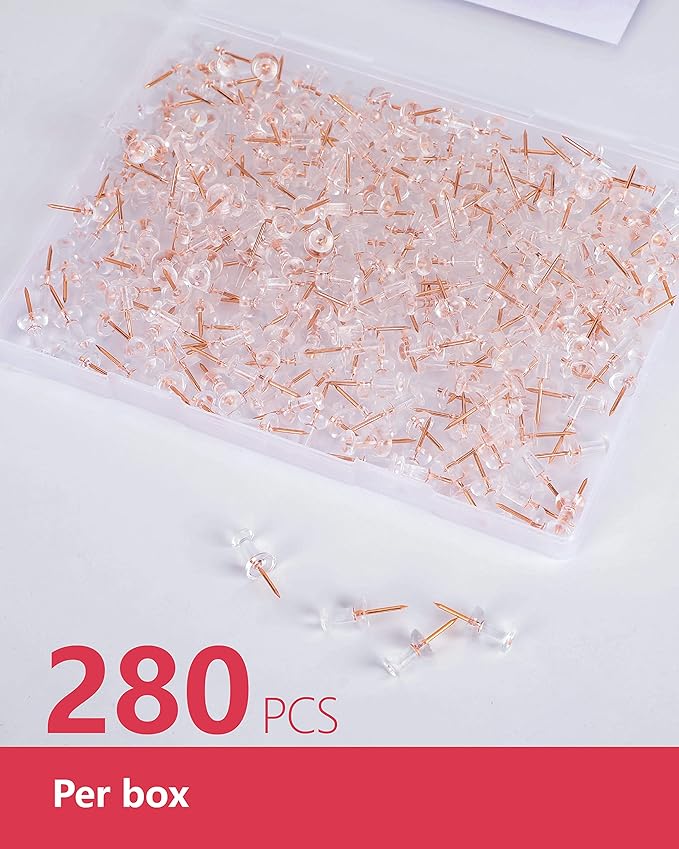 PAPERPAL 280 Rose Gold Push Pins for Cork Board, Clear Thumb Tacks for Wall Hangings, Pushpins for Office School & Personal Use, Standard Size Push Pin Tacks-DeskLoop Office