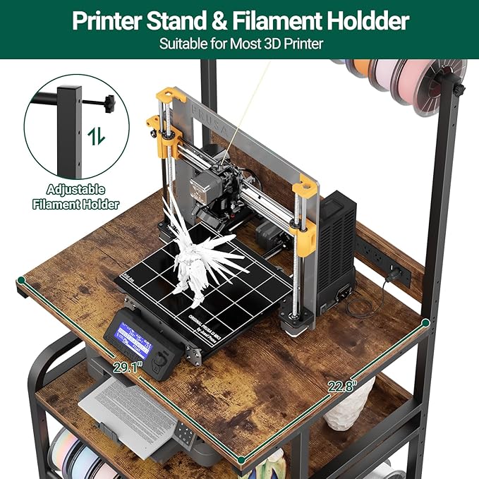 Homieasy Printer Stand with Charging Station, 29.1" x 22.8" Large 3D Printer Table with Filament Storage, Heavy Duty Rolling Printer Cart with 4-Tier Storage for Workshop/Office/Garage, Rustic Brown-DeskLoop Office