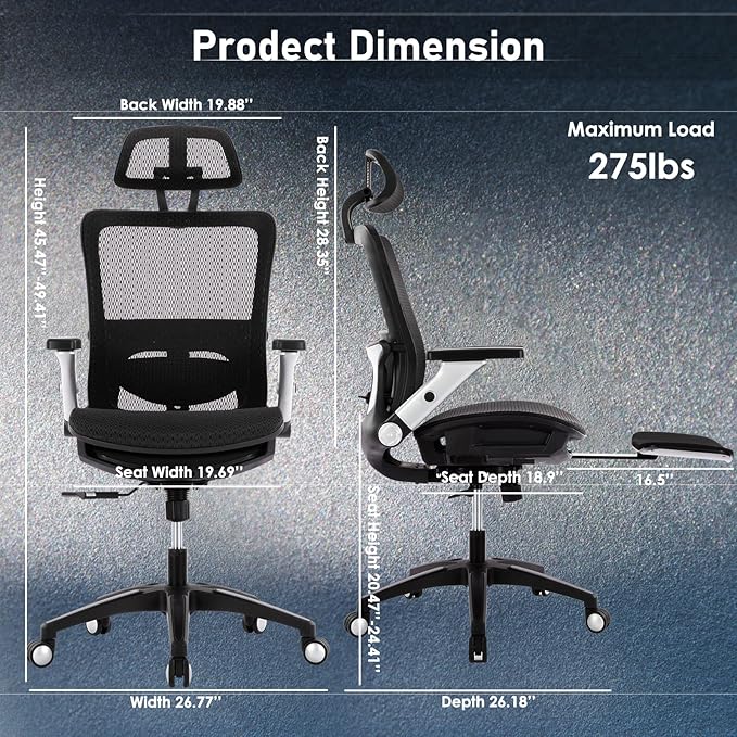 COLAMY Ergonomic Mesh Office Chair with Footrest, High Back Computer Executive Desk Chair with Headrest and 4D Flip-up Armrests, Adjustable Tilt Lock and Lumbar Support-Black-DeskLoop Office