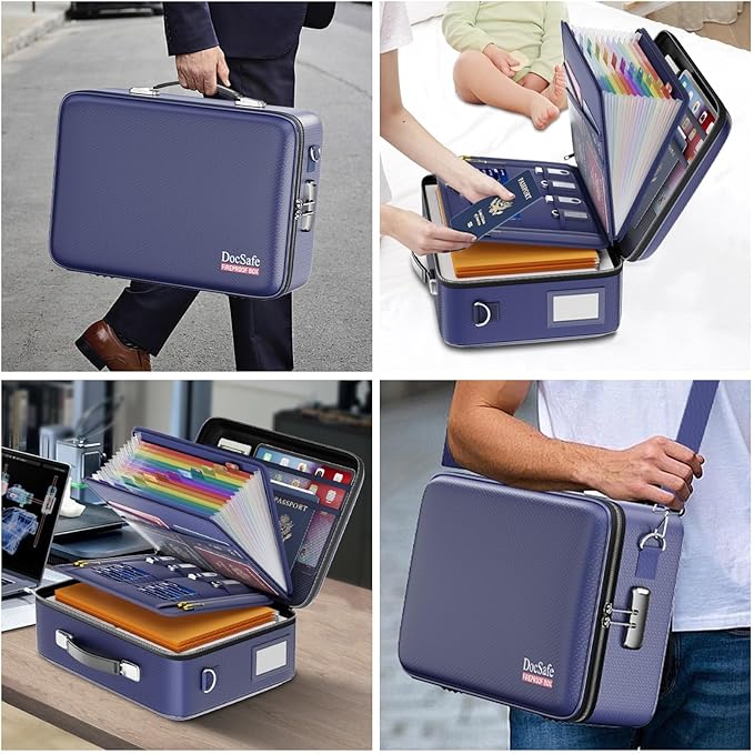 DocSafe Fireproof Document Box with Lock, Hard Case File Organizer with Accordion File Folder, Fireproof Water Resistant Safe Box Home Office Travel Storage for Important Documents Laptop Blue-DeskLoop Office