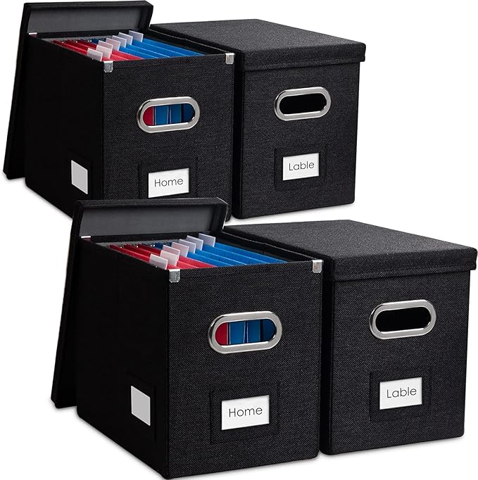 PRANDOM File Organizer Box - Set of 4 Collapsible Decorative Linen Filing Storage Hanging File Folders with Lids Office Cabinet Letter Size Black (14x9.3x10.8 inch)-DeskLoop Office