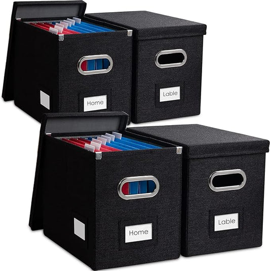 PRANDOM File Organizer Box - Set of 4 Collapsible Decorative Linen Filing Storage Hanging File Folders with Lids Office Cabinet Letter Size Black (14x9.3x10.8 inch)-DeskLoop Office
