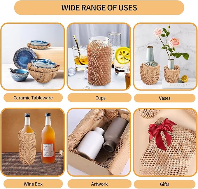 Honeycomb Packing Paper, HONSREO 15in x 300ft Eco Friendly Recyclable Cushioning Material, Bubble Wrap for Moving Shipping Breakable Supplies with 20 Fragile Sticker Lables (Brown)-DeskLoop Office