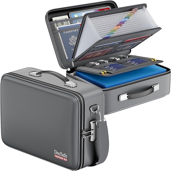 DocSafe Fireproof Document Box with Lock&Shoulder Strap,Hard Case File Organizer with Accordion File Folder,Multi-Layer Portable Home Office Travel Safe Storage for Important Documents Laptop Gray-DeskLoop Office