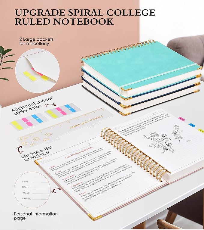 Spiral Notebook Journal 8.5” x 11”, 300 Pages Hardcover Leather Lined Journals for Women Men, A4 Large College Ruled Notebooks with 100 GSM Thick Paper, Spiral Journal for Writing Work School, Pink-DeskLoop Office