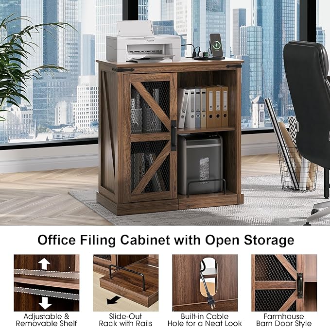 Printer Stand with Storage,File Cabinet with Socket and USB Charging Port,Farmhouse Paper Shredder Stand Rack with Slide-Out Shelf,Walnut-DeskLoop Office