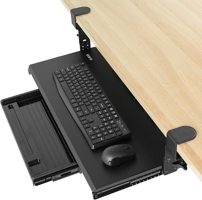 VIVO Large Clamp-on Height Adjustable Keyboard Tray, Pull Out Platform, Pencil Drawer, 27 (33 Including Clamps) x 11 inch Slide-Out Tray Storage Drawer, Black, MOUNT-KB05-4DH-DeskLoop Office