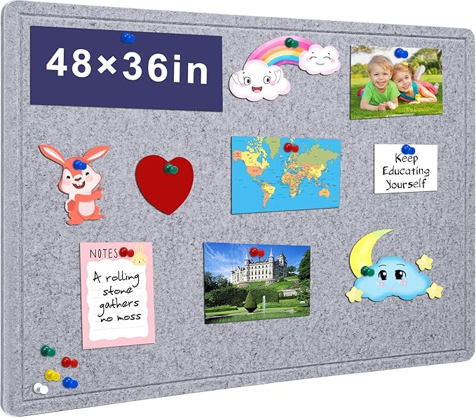 Large Bulletin Board - 48 X 36 inches Decorative Felt Pin Board - 4' x 3' Cork Board Alternative for Wall - Foldable Photo Board Self-Adhesive Vision Board Prayer Board with 30 Pushpins - Silver Gray-DeskLoop Office
