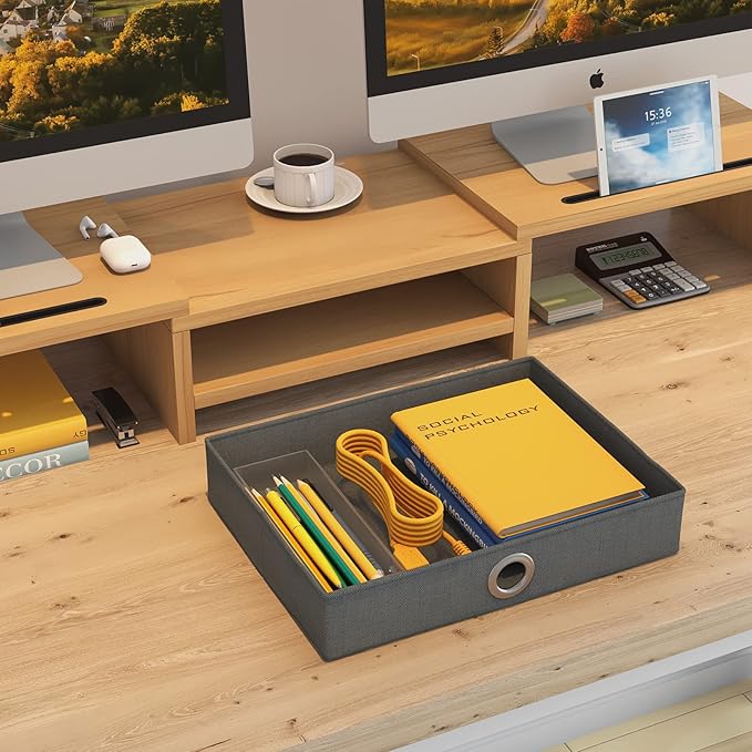 WESTREE Dual Monitor Stand Riser with Drawer - Adjustable Length and Angle, 2 Phone Hold, Desktop Organizer for Computer/Laptop/PC/Printer-DeskLoop Office