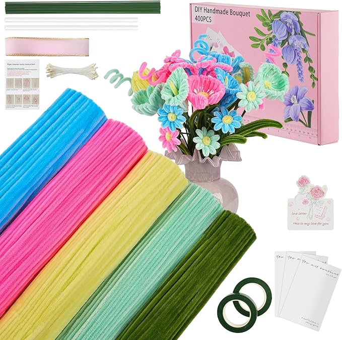 5 Mixed Macaron Colors Chenille Stems Bulk,400 Pcs Pipe Cleaners Craft with Floral Wires, Gardening Tape,Greeting Card,Bouquet Paper,Hot Glue Stick,Stamen & Ribbon,Ideals for DIY School Projects-DeskLoop Office