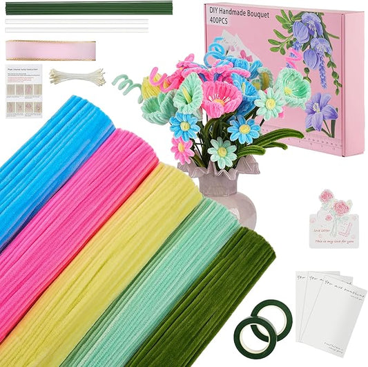 5 Mixed Macaron Colors Chenille Stems Bulk,400 Pcs Pipe Cleaners Craft with Floral Wires, Gardening Tape,Greeting Card,Bouquet Paper,Hot Glue Stick,Stamen & Ribbon,Ideals for DIY School Projects-DeskLoop Office