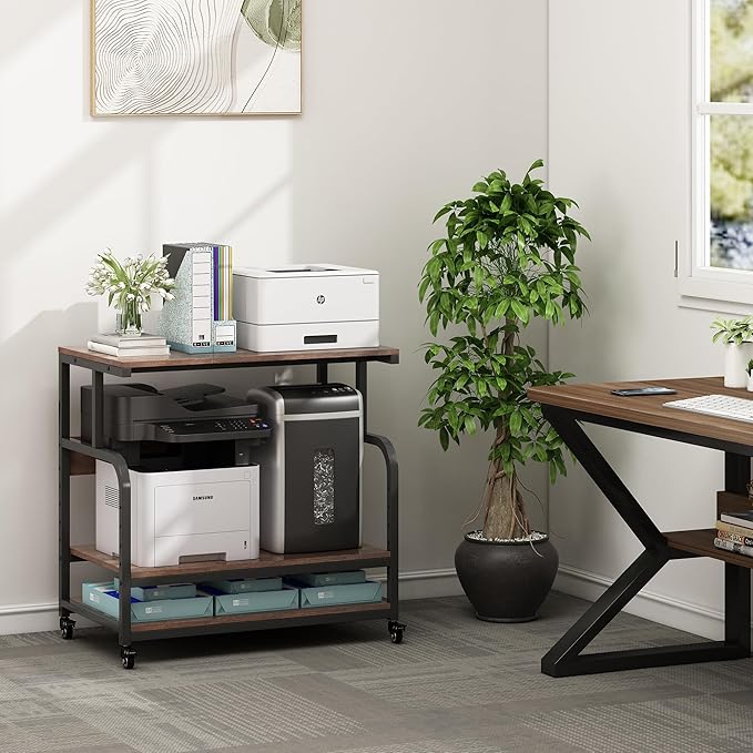 32.3" Wide Extra Large Printer Stand, 3 Tier Printer Table with Adjustable Storage Shelf, Rolling Printer Cart with Industrial Wheels for Home Office, Rustic Brown-DeskLoop Office