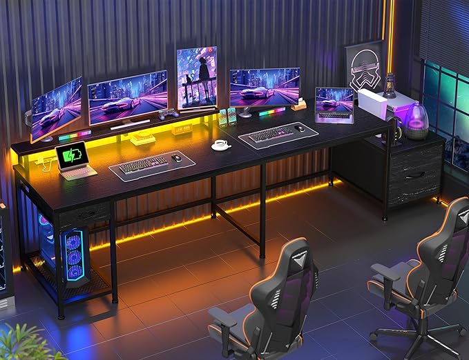 L Shaped Computer Desk with Drawers, Gaming Desk with LED Lights & Monitor Shelf, Office Desks with Power Outlets, Corner Desks for Home Office, Study Room and Bedroom, Black-DeskLoop Office