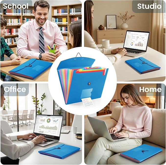 13 Pocket Accordion File Organizer with Elastic Closure, Expanding File Folder for Letter Size A4 Papers, Ideal for Home, Office Supplies, College Essentials - Blue-DeskLoop Office