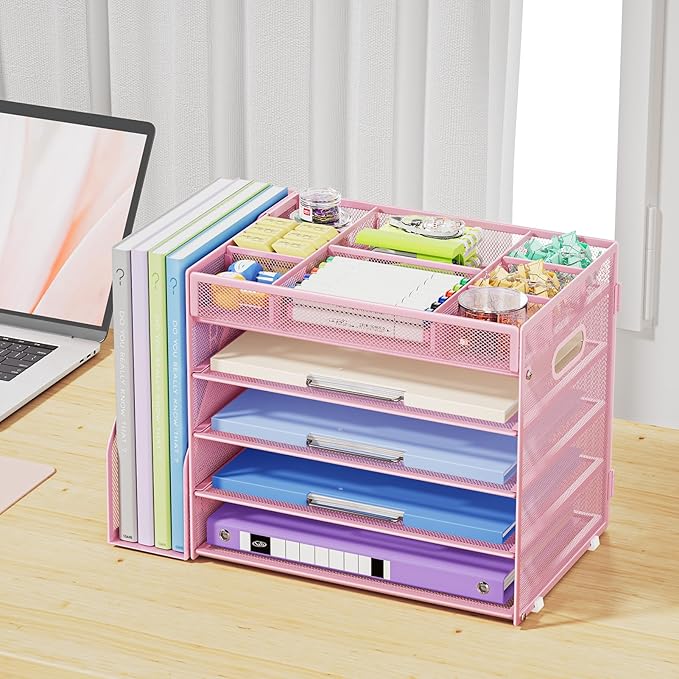 Marbrasse 5-Tier Desk Organizer with File Holder,Paper Letter Tray Organizer,Desktop File Organizer with Adjustable Compartments,Mesh Desk Organizers and Accessories for Office Supplies,Pink-DeskLoop Office