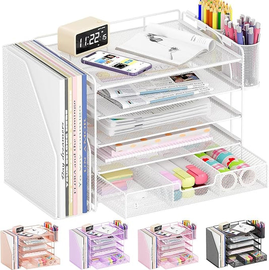 Desk Organizers and Accessories, 5-Tier Paper File Organizer with Drawer & Pen Holder, Office Desk Accessories Workspace Desktop Organizer for Office Supplies (White)-DeskLoop Office
