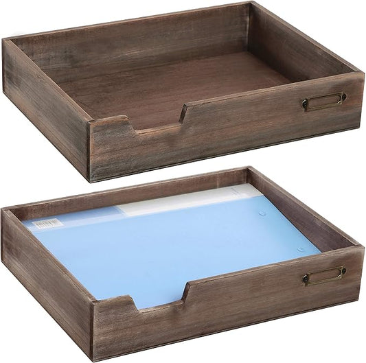 MyGift Set of 2 Vintage Distressed Finish Brown Wood Stackable Office Desktop Document Letter Paper Tray-DeskLoop Office