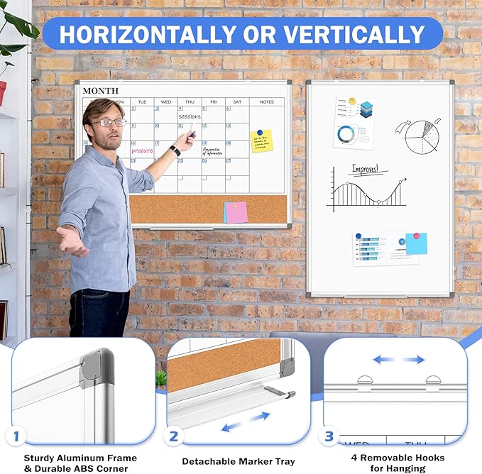 Monthly Calendar Whiteboard Dry Erase Cork Board Combo for Wall, 30" x 20" Magnetic Double-Sided Calendar White Board and Bulletin Board, Portable Board for Office, Kitchen, School, Home, Dorm-DeskLoop Office
