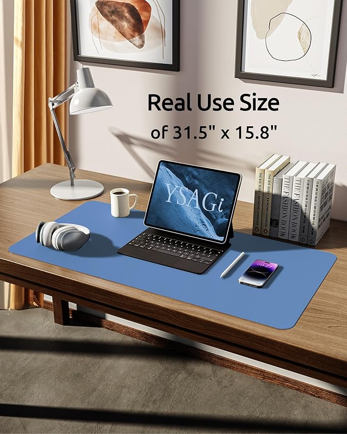 YSAGi Leather Desk Protector, Office Mat, Large Mouse Mat, Non-Slip PU Leather Blotter, Laptop Desk Pad, Waterproof Writing Pad for Office and Home (Sea Blue, 31.5" x 15.8")-DeskLoop Office