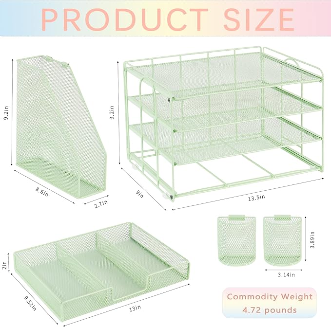 Desk Organizer and Accessories, 4-Tier Desktop File Organizer with Drawer and 2 Pen Holders, Office Desk Accessories for Office Supplies(Green)-DeskLoop Office