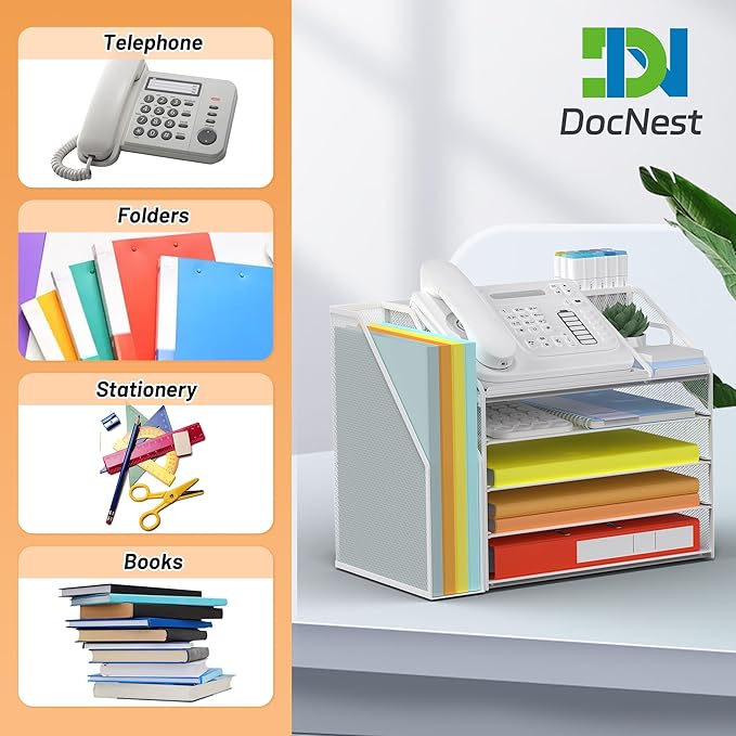 DocNest 5 Tier Paper Letter Tray File Organizer, Mesh Desk File with Handle, Workspace Desk Organizers with Pen Holder, Office Organization Storage Accessories - White-DeskLoop Office