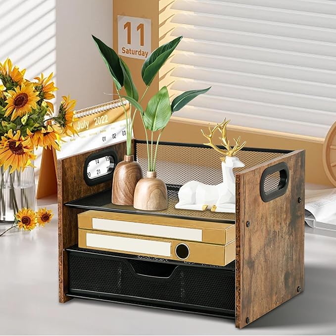Wood Desk Organizer - 3-Tier Desktop File Organizer with Drawer, Wooden Paper Tray, Office Desk Organzier and Accessories for Papers, Mail, Notebooks, Stationery-DeskLoop Office
