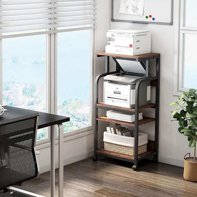 4-Tier Printer Stand with Adjustable Storage Shelf, Large Tall Printer Table with Wheels for Home Office Small Spaces Organization, Rustic Brown-DeskLoop Office