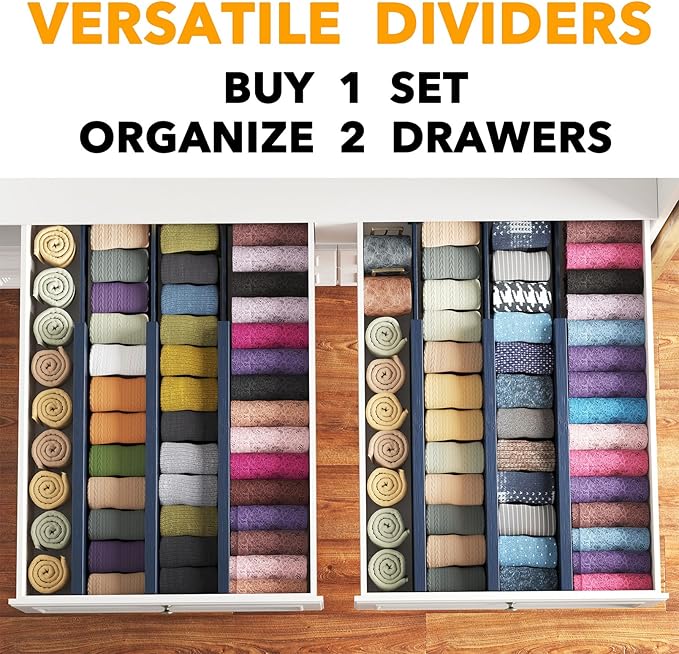 SpaceAid Bamboo Dresser Drawer Dividers 6 Pack, 4.65“ High Adjustable 17“-22” Drawer Organizers, Expandable Organization for Clothing, Clothes, Dressers, Navy Blue-DeskLoop Office