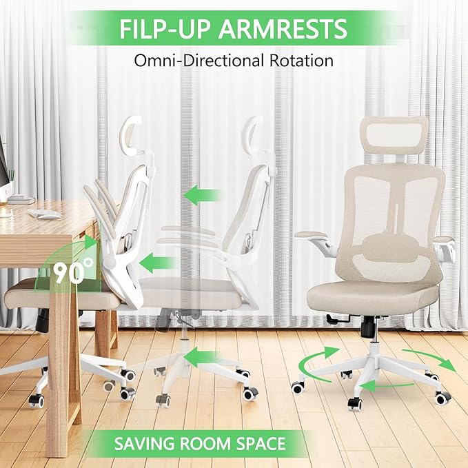 Desk Office Chair, Ergonomic High Back Comfy Computer Chairs with Wheels, Swivel Gaming Home Mesh Chair Comfortable Lumbar Support, Comfy Arms for Study, Home,Bedroom(Khaki)-DeskLoop Office